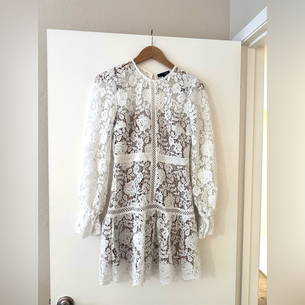 Aqua Bloomingdales White Lace Long Sleeve Mini Dress – Size Small - Bridal